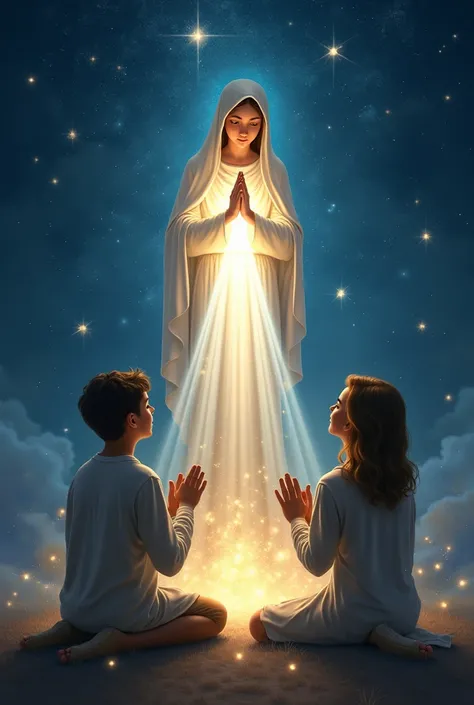 Two young teenage boys and girls praying to the Virgin Mary in the foreground on a night full of stars and illuminated by the luminosity of the Immaculate Conception of the Virgin Mary