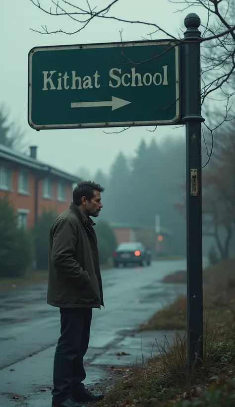 a man looking at school besides him with a signpost showing a school, he looks distressed and sad