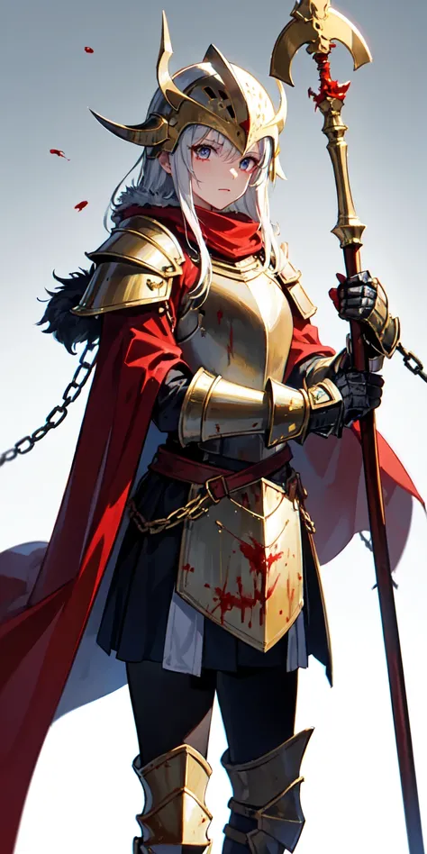 1solo, 1girl, red cape, armor, fur trim, blood, chain, holding polearm, chain, helmet, helm, shoulder armor, polearm, gauntlets, pauldrons, breastplate, red cape, faulds, knight, full armor, blood on polearm, gold armor, plume. (white background, gradient ...