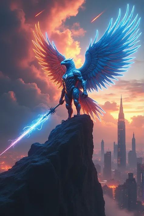 Imagine a towering eagle warrior, its feathers forged from glowing, star-infused steel. Its armor shines with stars and stripes, holding a blazing shield and spear tipped with electric blue energy. The eagle perches atop a jagged cliff overlooking a city o...