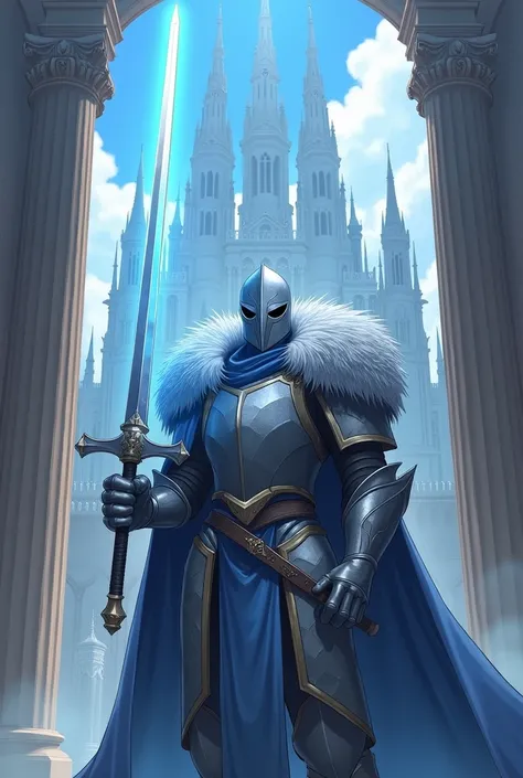 
Knight with fur on the shoulder, gray armor, blue holy sword, cool mask, anime image, royal temple, castle background