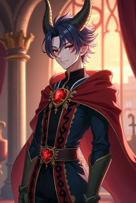 Handsome adult male .dragon race . red eyes and black pupils .  smooth white skin. black hair and a little white color . noble clothes in black red and gold .wearing a long robe with a red dragon ornament and a hint of gold. black royal pants and black lon...