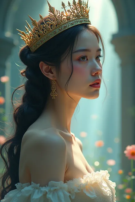  There is a woman without any clothes with a crown on her head, a Beautiful fantasy queen , ((Beautiful fantasy queen )),  a portrait of a princess ,  a work of art in the Guvez style .  CGI fantasy anime artwork 5D ,  high-quality detail 8k   