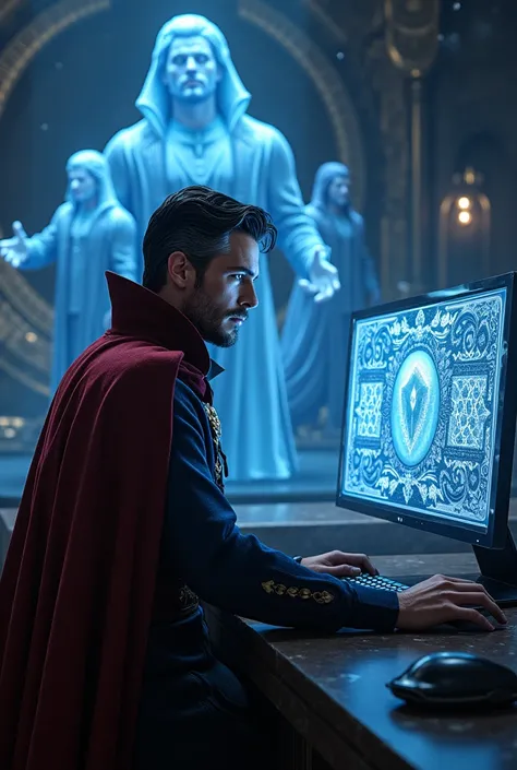 Futuristic digital art of Doctor Strange in a mystical temple with technological elements, operating a computer with glowing mystical runes on the screen. He displays focus and concentration while managing holograms of other sorcerers in the background. Th...