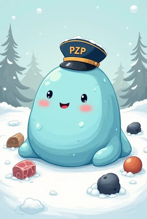 An illustration drawn by a , a cute light blue slime on the background, a snowy landscape like freezing cold, the whole body is rounded. The slime is wearing a soldiers hat with the letters PZP on the background, and wood、Chunk of meat、Iron Lump、Coal also ...