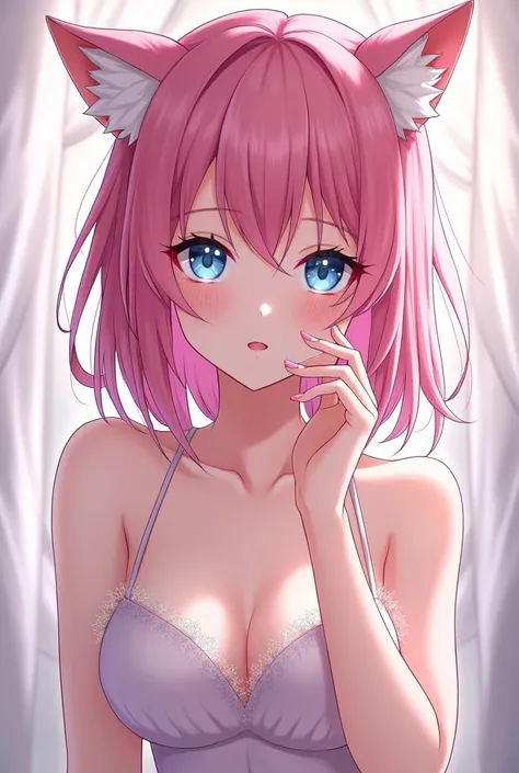 
anime - style image of a woman with pink hair and blue eyes with cat ears , seductive anime girl, attractive anime girl, loli in dress, (anime girl), anime girl, | fine detail anime, beautiful anime girl, top rated on pixiv, pixiv 3dcg, anime best girl, b...