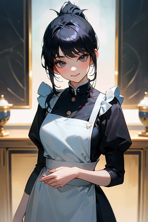 ( highest resolution,  clear _image)  top quality, Single,  one woman, Alone,   masterpiece  ,  very detailed,  semi-realistic ,  black hairのショートヘア,  black hair, bangs, 18 years old,  mature, light blue uniform, uniform, indoor background, kind, Dignified,...