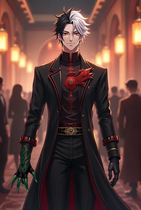 Handsome adult male . red eyes and black pupils .  smooth white skin. black hair and a little white color . noble clothes in black red and gold .wearing a long robe with a red dragon ornament and a hint of gold. black royal pants and black long sleeves . o...