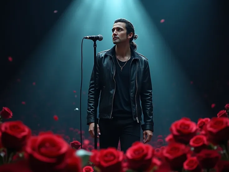  Handsome man with long tied black hair,blue eyes , leather black jacket on stage with microphone,many red roses on the ground 