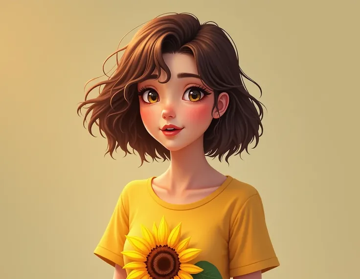 a girl who is wearing a yellow sunflower T-shirt . She has short wavy brown hair. She has fair complexsion . She has heterochromia. She is standing and talking 