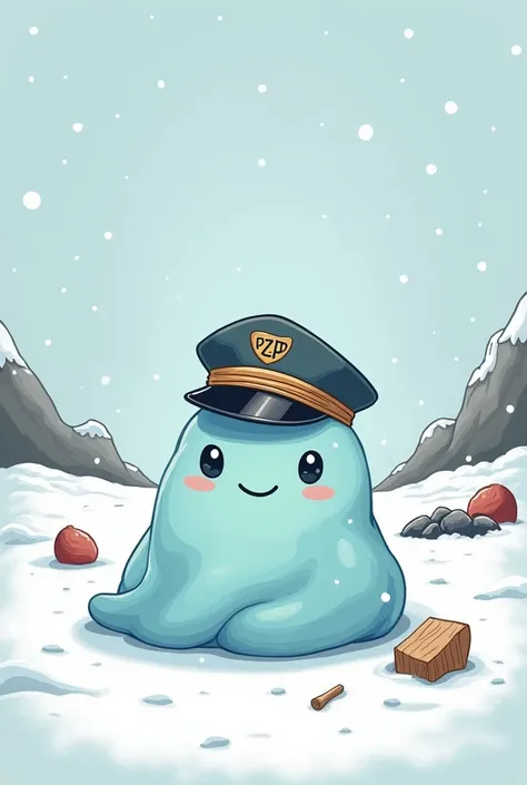 An illustration drawn by a , a cute light blue slime on the background, a snowy landscape like freezing cold, the whole body is rounded. The slime is wearing a soldiers hat with the letters PZP on the background, and wood、Chunk of meat、Iron Lump、Coal also ...