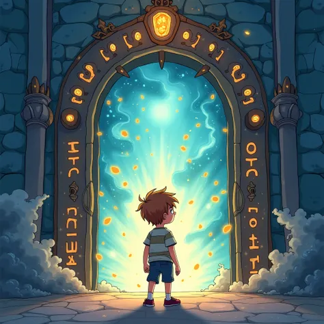 A whimsical illustration of Timmy standing in front of the magical gate, with a curious expression on his face.