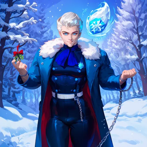 Male, white hair, icy blue eyes, tall, lean yet muscular, dressed in crimson velvet coat with black fur trim, striped suspenders, silver chain bracelet, leather belt, festive holiday aesthetic, snow falling softly, twinkling Christmas lights, confident pos...