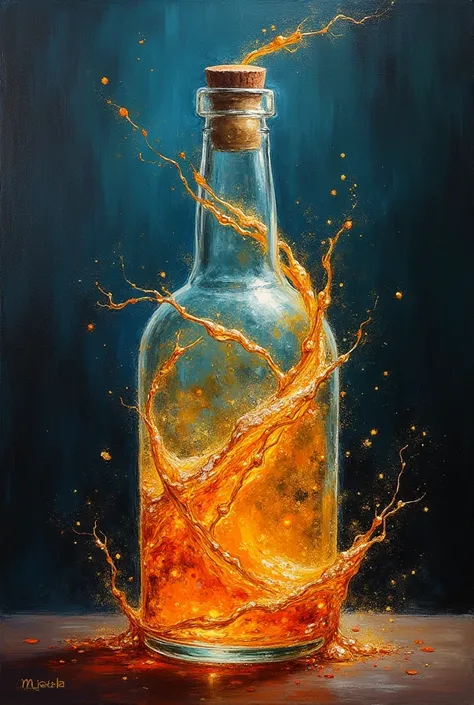 Painting of alcohol dancing in a bottle