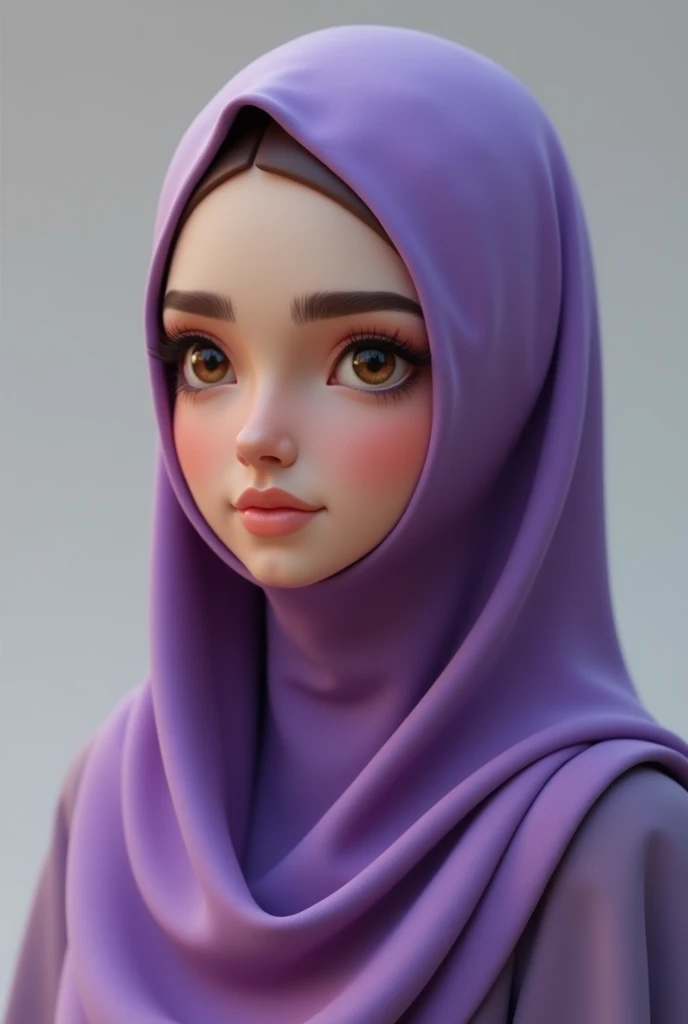 Create a picture of a beautiful woman wearing a purple hijab, thin smile, round face, thick eyebrows. Realistic 3D