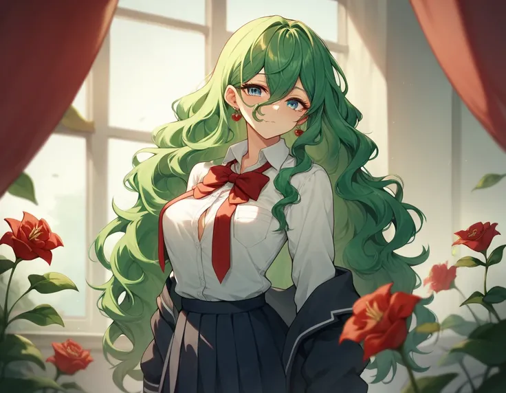 Masterpiece,4k, 1girl,solo , Highschool girls, school uniform,long hair,wavy hair,curls,no bangs,green,long hair,hold red lily banquet,dark atmosphere,uncolourfull vibe