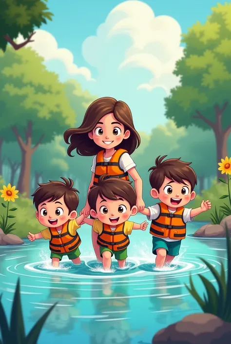 cartoon 3 little friends not wearing life jackets are led by her to carry them across the river