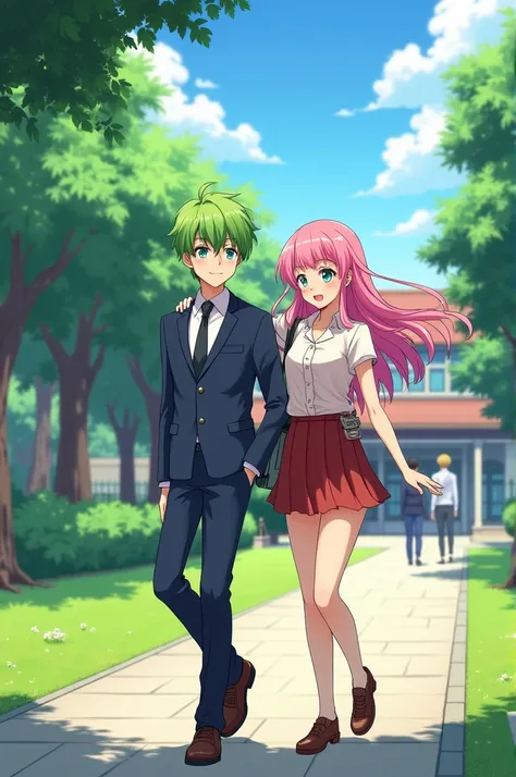 Bright green haired high school boy and pink haired high school girl walking at school