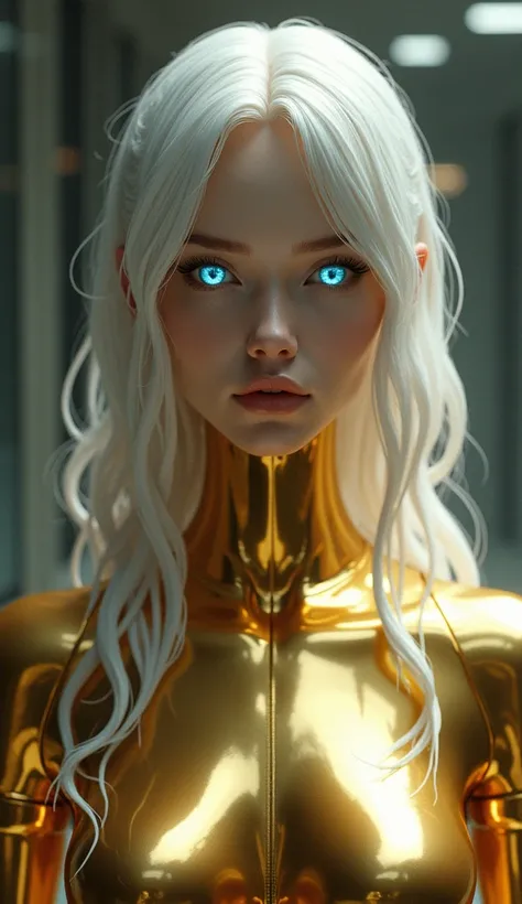 a young and beautiful female android, entire body coated in metallic gold ceramic, with glowing blue eyes, detailed face, white long hair, hands, and feet, cinematic lighting, highly detailed, photorealistic, 8k, hyperrealistic, concept art, digital art,