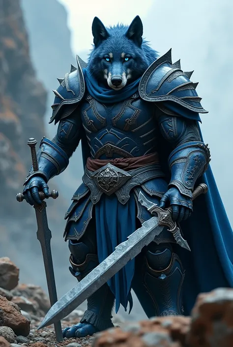 Create a full-body armored warrior wolf on two legs with bright dark blue eyes and a sword in his hands.