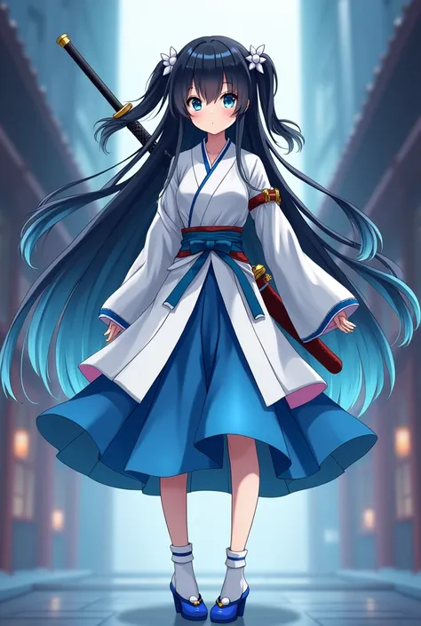 A demon slayer anime long black girl, the ends of the hair are light blue, blue eyes like the ends of the hair are tied down into two beams with white pearls, wearing a copper set Demon Slayer Corps standard, adding white, blue -colored haori, three -color...