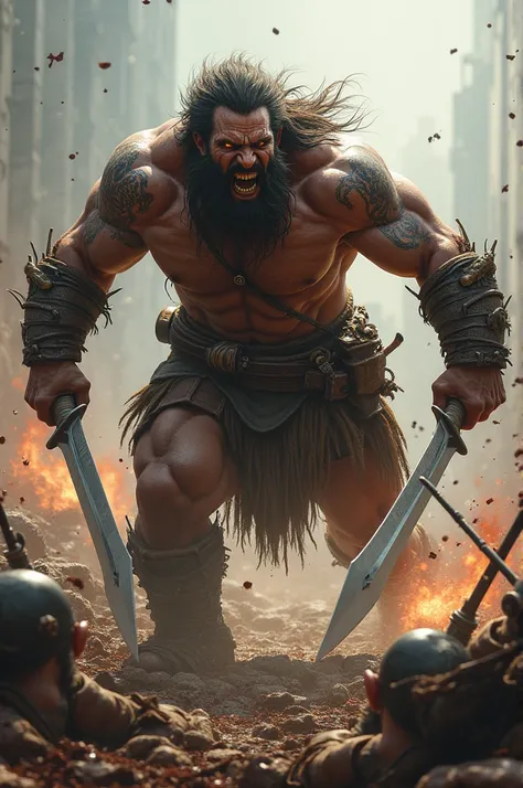 Barbarian warrior in Berserk mode killing his enemies on the battlefield 