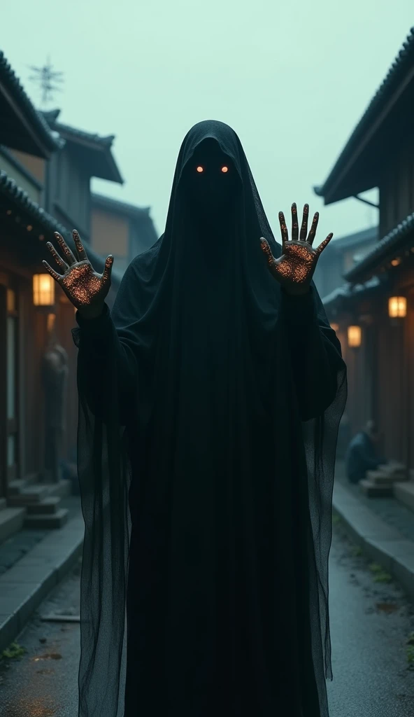 A shadowy silhouette with eerie black smoky eyes and glowing hands stands in a Japanese town in the Edo period. Very realistic, eerie, perfect composition, waving
Realistic depiction of hand pose and skin texture
Very precise, cinematic composition
Ultra-r...