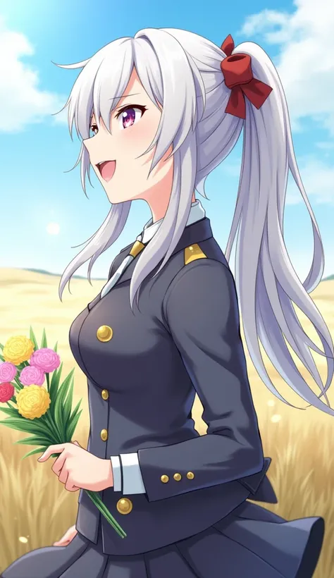  1 girl in uniform,  long hair, chest,  open her mouth , Gray Hair, ponytail,  ribbon hair accessory to hold a bouquet of flowers,  pink eyes, masterpiece,  retina,  hair fluttering in the wind, chest, 大きなchest, Grin,  character profile,  and get out of th...