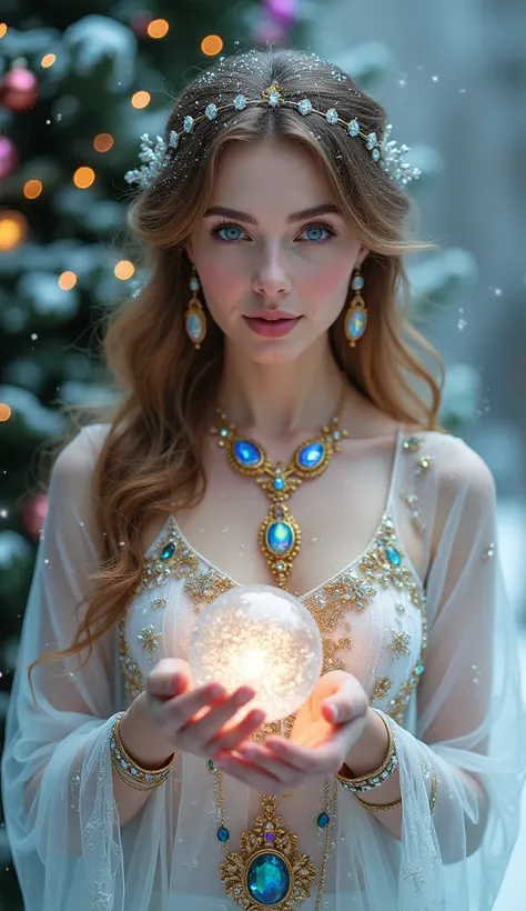  Snow Goddess, Stunning Woman, Flowing Light Brown Hair, Beautiful, Fragile, pale skin, amber eyes, intricate and detailed jewelry in her hair, earrings and necklace made of colored and iridescent stones, light diaphanous dress adorned with crystals and go...