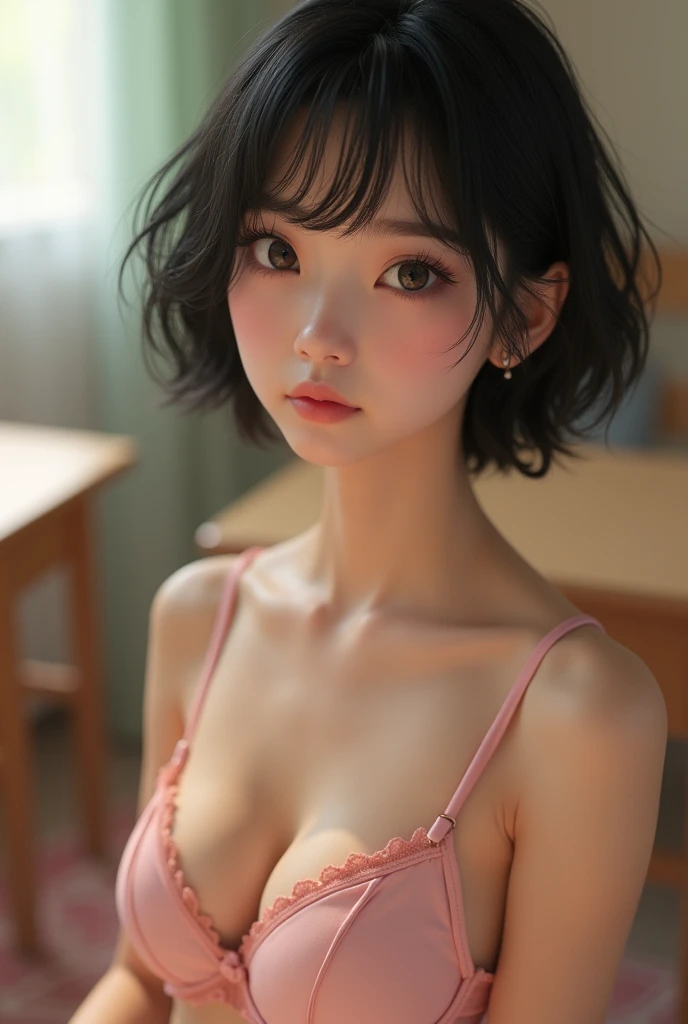 ( top quality、8k、32K、​masterpiece、 Photorealistic:1.4、 NFFS:1.2)、NSFW、 pictures of cute Japanese women、Big Breasts:1.4、 very short black bob hair 、 angles that can even see panties 、 Staring at Viewers 、  cleavage:1.5、 balanced body、  embarrassing looks  、...