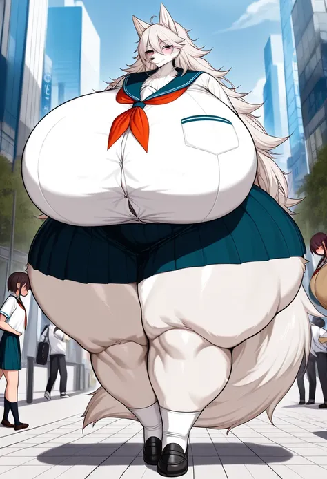 Anime style wolf Furry women,full body, (gigantic breasts)(very wide gigantic hips) very long medium legs, school uniform, in the city, 