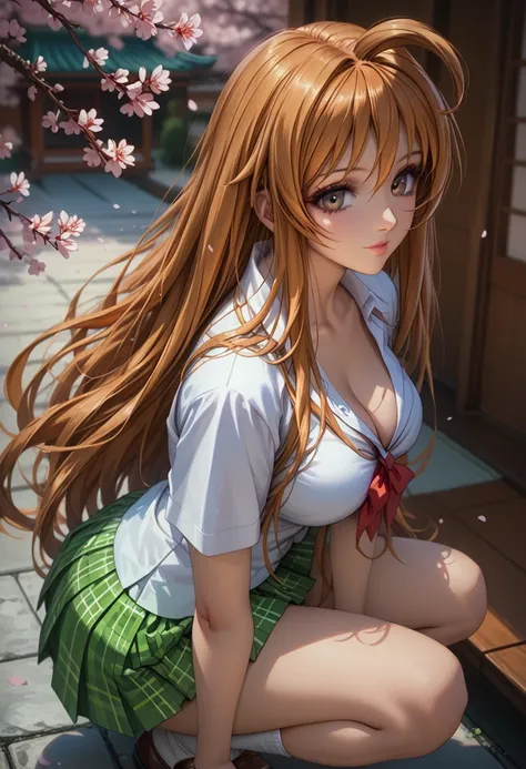 score_9, score_8_up, score_7_up, 1girl, solo, beautiful waifu, thicc, tall, mature sexy woman, (Aya Natsume, natsume aya, orange hair, long hair, brown eyes, ahoge:1.2), wearing (white school uniform, skirt, short skirt, plaid, green plaid skirt:1.1), (sho...