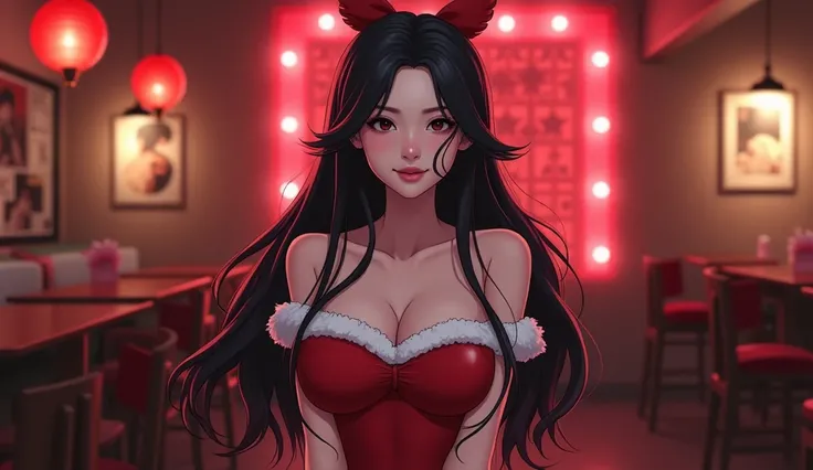 Manhwa art style, beautiful Korean woman, wearing tight Mrs.Claus outfit(show cleavage), long length black hair, background is a club, huge breasts, breasts apart, wide hips, exaggerated proportions, masterpiece 1.3, 4k high resolution, Looking at audience...