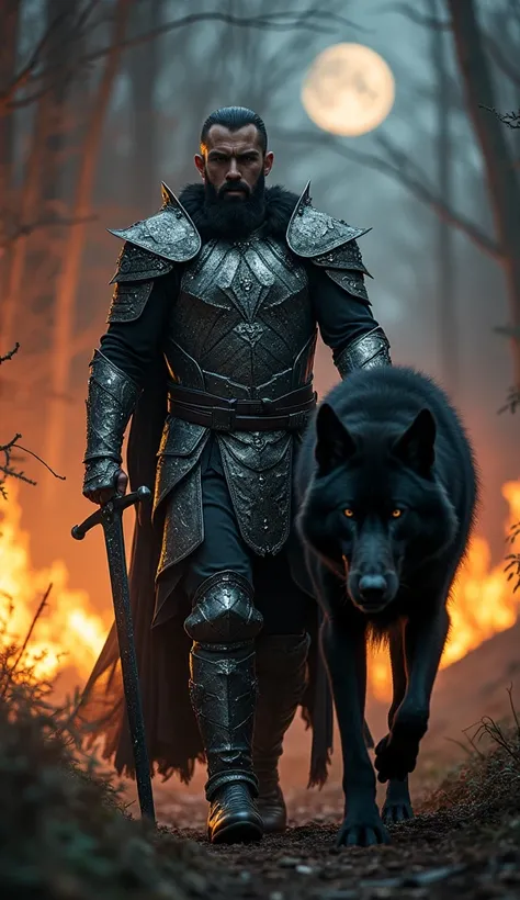 A silver-armored warrior adorned with sparkling diamonds, walking confidently through a burning forest at night. He wields a black-bladed sword emitting eerie smoke, his expression fierce and determined. A massive black wolf, its fur sleek and menacing, st...