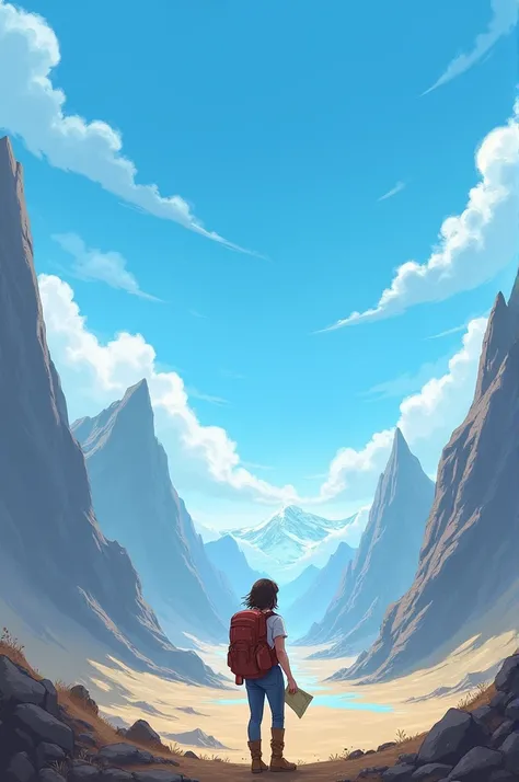  A landscape of tall, deserted mountains,  with vibrant blue skies and thin clouds . in the center,  a young woman , Elara, with backpack, determined eyes and a map in hand .