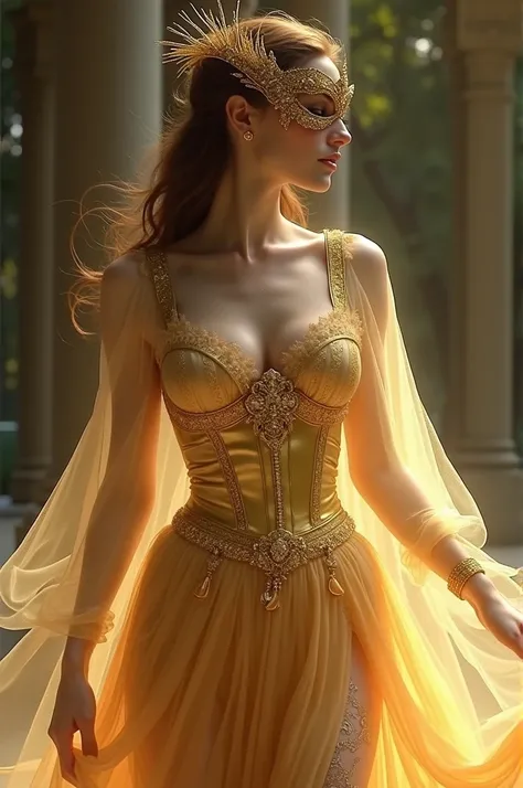 She wore a top that was corset-like, made of gold satin layered with sheer fabric. It was off-shouldered and behind her, the sheer fabric from the top of her gown spread to form a thin cape, gold and see-through.



Her long skirt was the same. Layered, an...