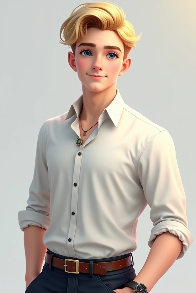  The handsome white male teenager, with dark blue eyes, warm-faced blonde hair, wore a white shirt with a brooch and a watch, and wore a dark and realistic brown belt.