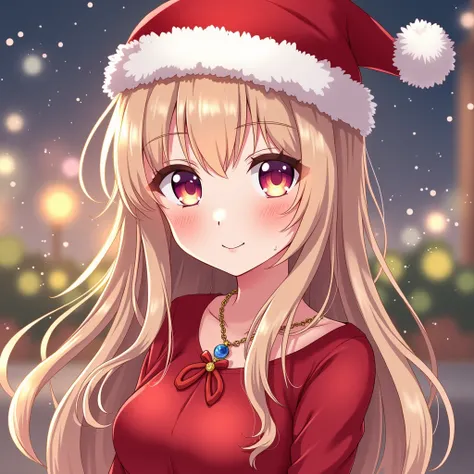  Anime Girl in Red Dress with Christmas Hat and Necklace, Beautiful anime girl, Pretty Girl in Anime ,  Cute Wafun Anime in Pretty Dress ,  Sexy Anime Girl ,  Attractive Anime Girl ,  Cute Cartoon Girl , 4k anime style, Nightcore, Cute anime girl, Long Hai...