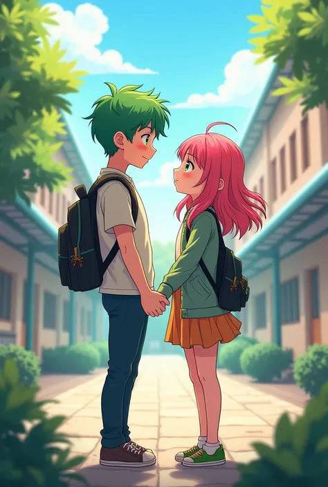 A bright green haired high school boy and a pink haired high school girl having a relationship at school