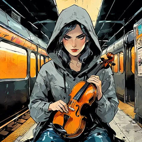 (graphic novel style, dark novel style, 2d:1.5),(anime), (masterpiece:1.4), (colourful, soft cinematic light:1.1), incredibly lifelike, Extremely high-resolution details, 8k, best quality,extremely detailed, contrast, colorful, 
subway, 
a musician in a ho...