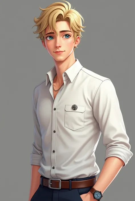  The handsome white male teenager, with dark blue eyes, warm-faced blonde hair, wore a white shirt with a brooch and a watch, and wore a dark and realistic brown belt.