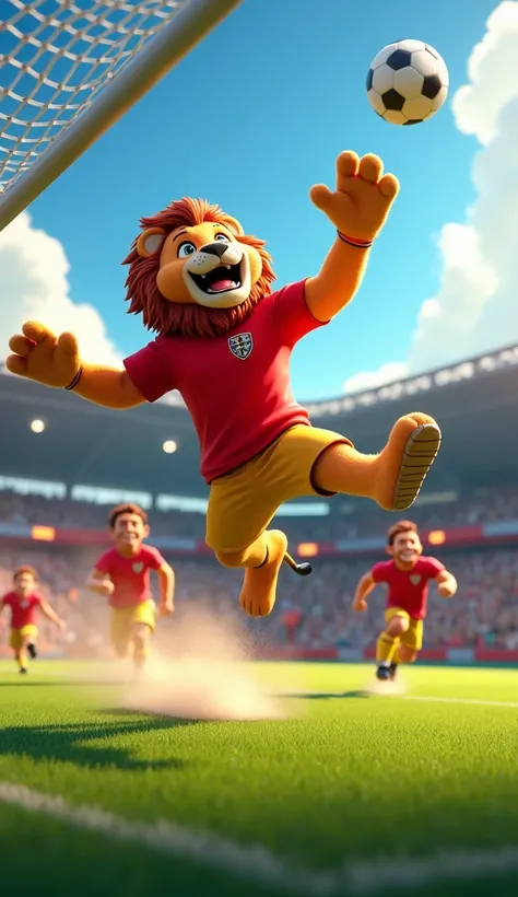 Generate in cinematic 3D cartoon style : The lion team in red jerseys. The lion goalkeeper jumps to catch the ball flying towards the net. on the soccer stadium