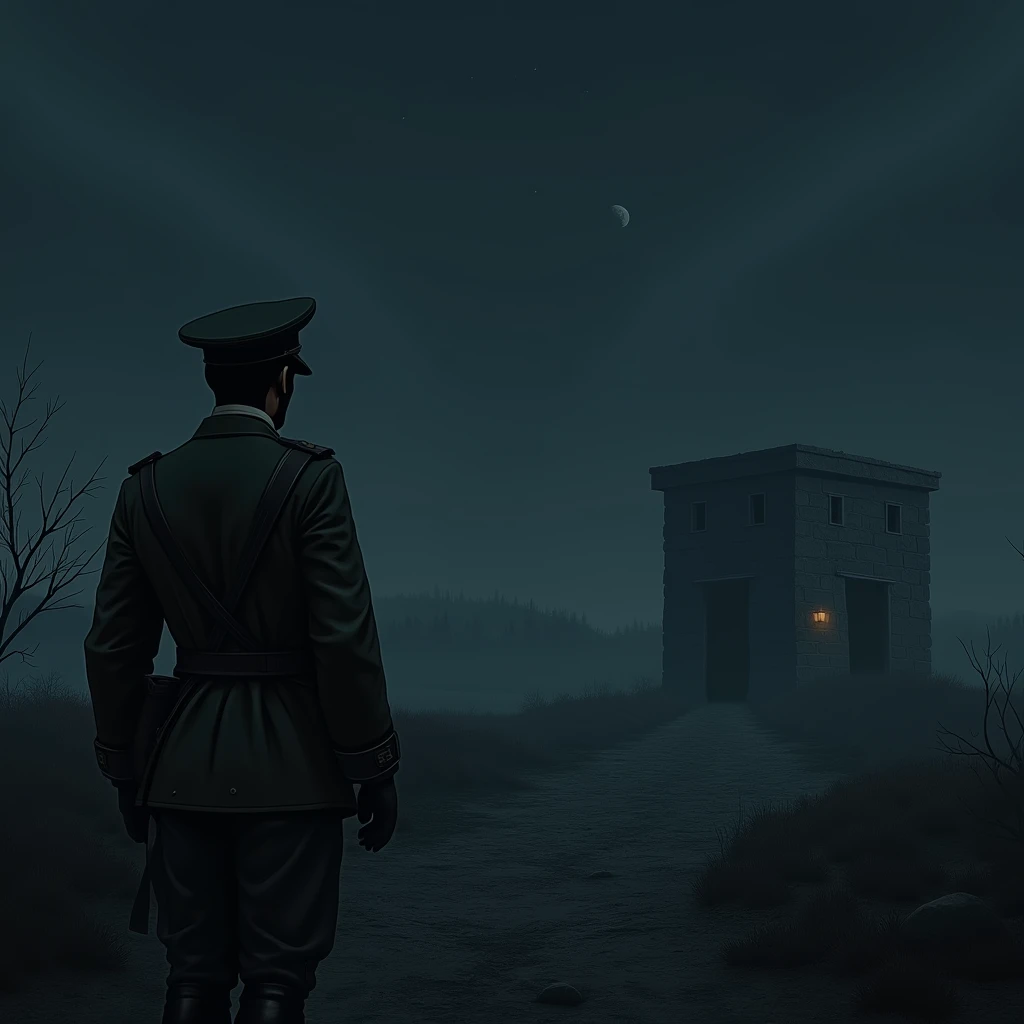 A German soldier in a 1940s military uniform stands alone outside the small stone prison, surrounded by an empty, desolate landscape. The night is dark, with no stars visible, and the only light comes from a faint glow inside the prison behind him. He look...