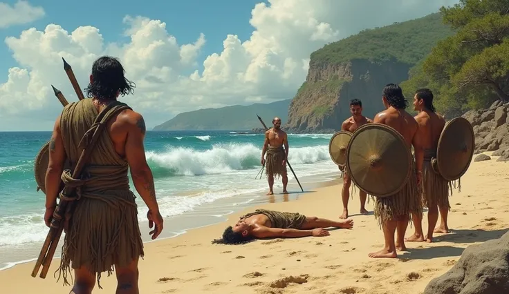  A beach in Bahia , In the 16th century .  A small group of Native Americans are looking at the body of a shipwrecked Portuguese navigator that the sea has thrown onto the sand by the sea. Ils ont lair apeurés, mais lun deux est plus courageux et sapproche...