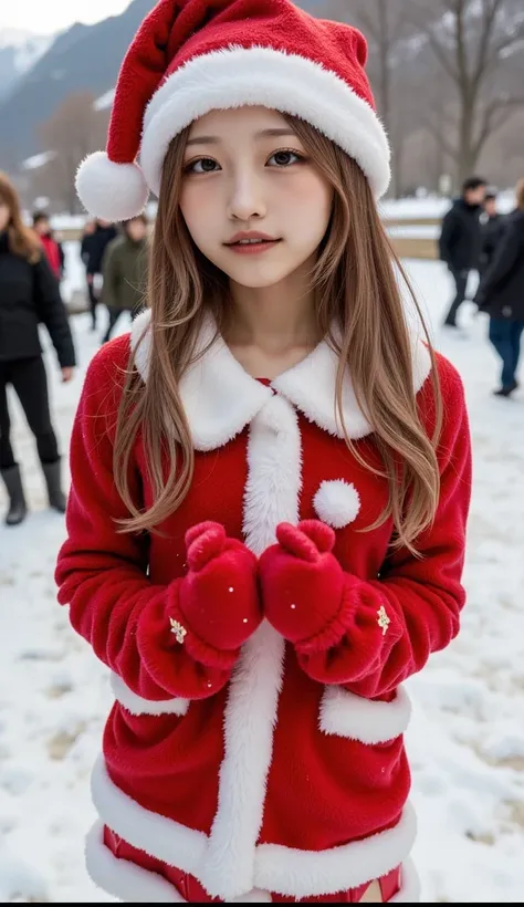  1 girl, standing,Santa costume,Santa hat, miniskirt,Symmetrical、,front図,front, watching viewers,whole body, laughs,s highly detailed and realistic skin with open eyes , open mouth,,winter,  knight ,moon,  masterpiece  , top quality, super detailed, 8K Por...