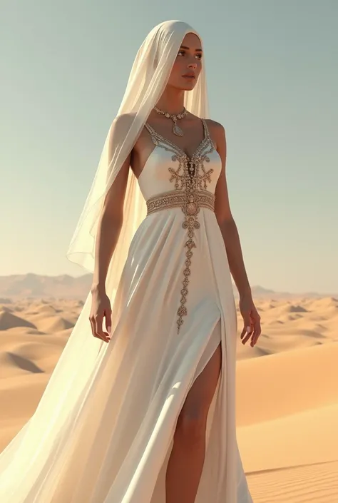 Animation of a beautiful desert queen with her face and hair covered in a beautiful white cloth with a white dress that is very elegant and suitable for wearing in hot deserts with exotic skin color and seductive body