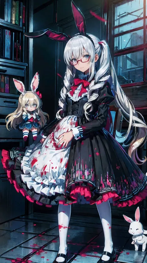 Tokyo ghoul style, female, 22, long white wavy hair in 2 pigtails, light blue bow accessories, white and baby blue ****ta dress, black Mary janes, white knee high socks, holding a stitched up toy rabbit, adult woman, mature, grey eyes, glasses, smiling, st...