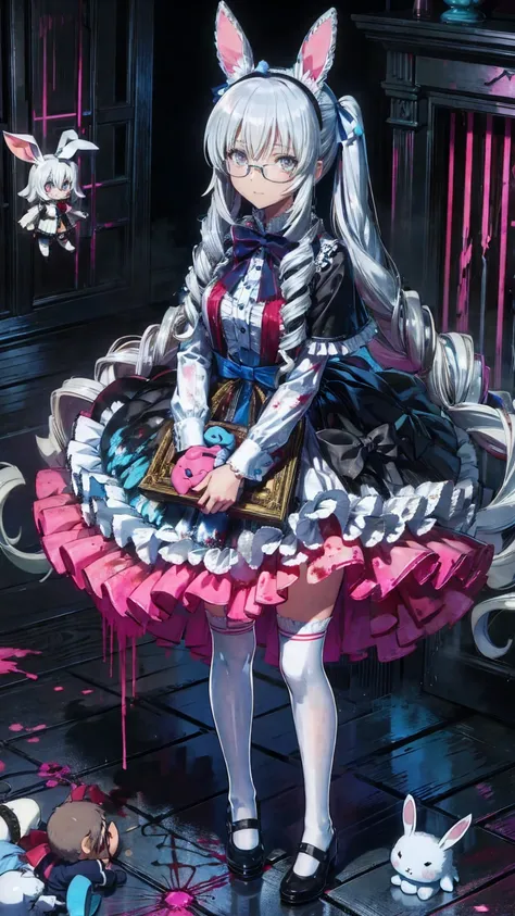 Tokyo ghoul style, female, 22, long white wavy hair in 2 pigtails, light blue bow accessories, white and baby blue ****ta dress, black Mary janes, white knee high socks, holding a stitched up toy rabbit, adult woman, mature, grey eyes, glasses, smiling, st...