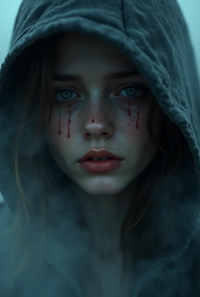 portrait of a women, close-up, she have a headek and she crying hyper-realistic. [The character is surrounded by mist, evoking a mysterious and eerie atmosphere. The lighting is dark and atmospheric, with smoke adding a touch of sinister ambiance. Best qua...