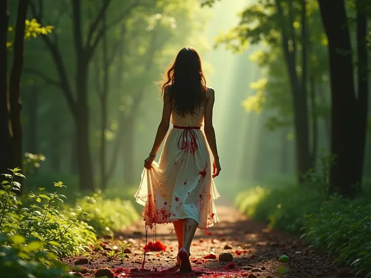 an image of a woman walking in the middle of the forrest , camera shot from the her back , covered in blood , all white dress, daylight , hyper realistic ,UHD.